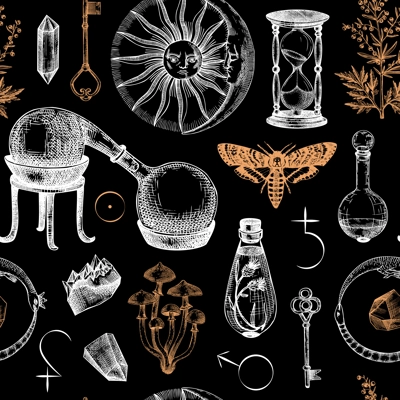 Vintage alchemical background. Popular esoteric symbols. Magic seamless pattern. Mystical design for tarot cards, banners, prints, tattoos, and fabrics. 